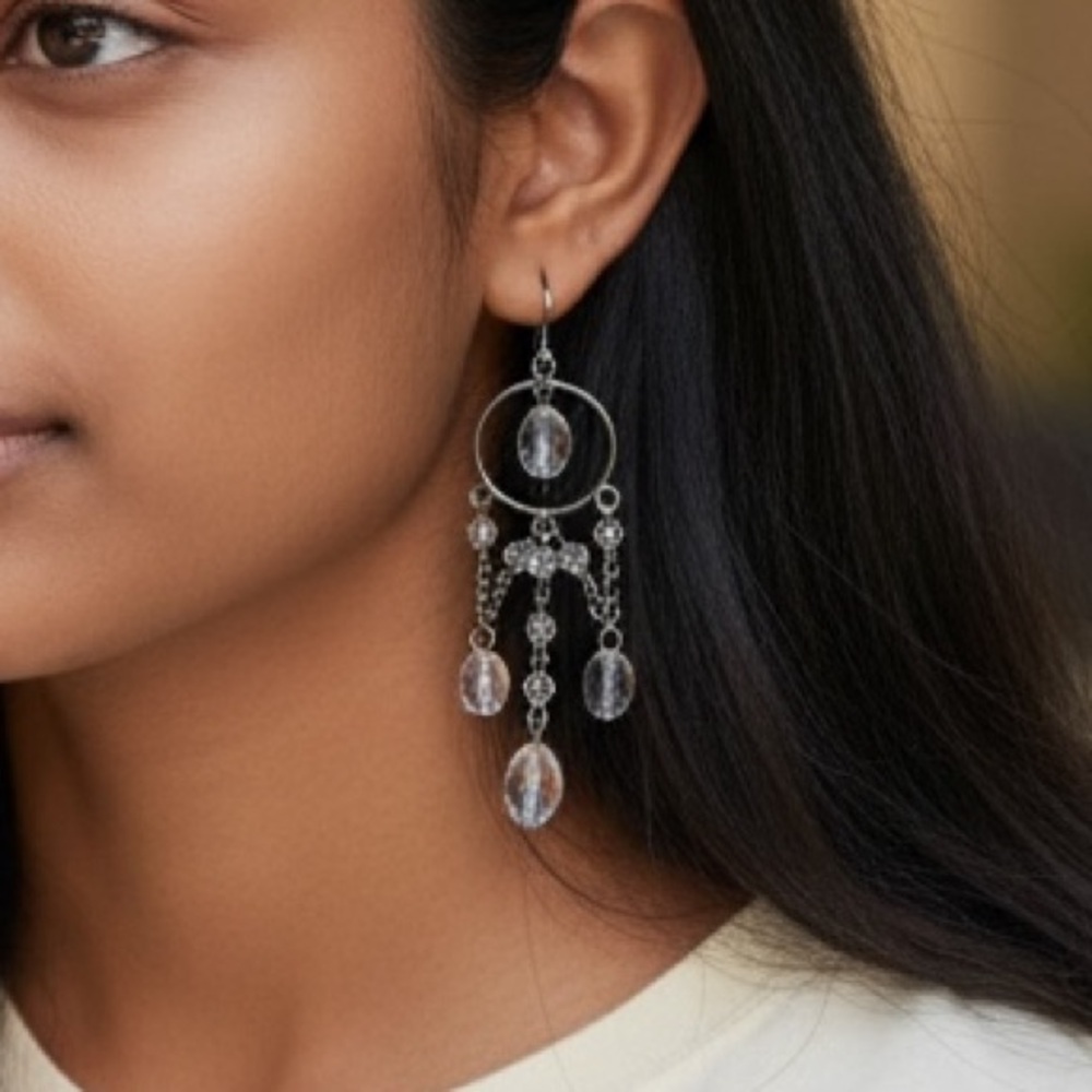 LIGHTWEIGHT CHANDELIER CLEAR ACRYLIC BEADED SILVERTONE EARRINGS